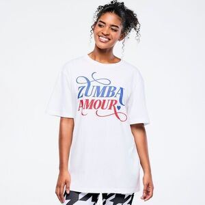 Zumba Fitness White Tee with Blue and Red Print “Zumba Amour”